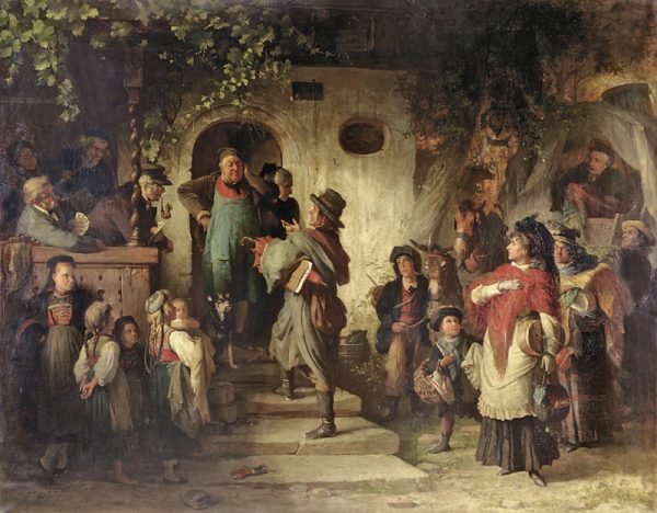 Gloggner Kunstauktionen | «Bedenkliche Ankunft einer wandernden Schauspielertruppe vor einem Dorfwirtshause» − 1870 – Theodor Pixis