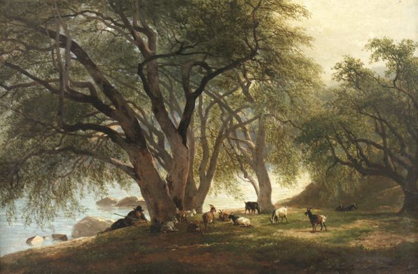 Gloggner Kunstauktionen | «Platanes au bord du lac, avec berger et chèvres» – Alexandre Calame