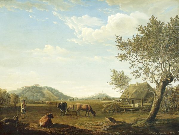 Gloggner Kunstauktionen | «Bauernhof mit weidenden Kühen, im Hintergrund Blick auf die Stadt Freising» – 1821 – Max Joseph Wagenbauer