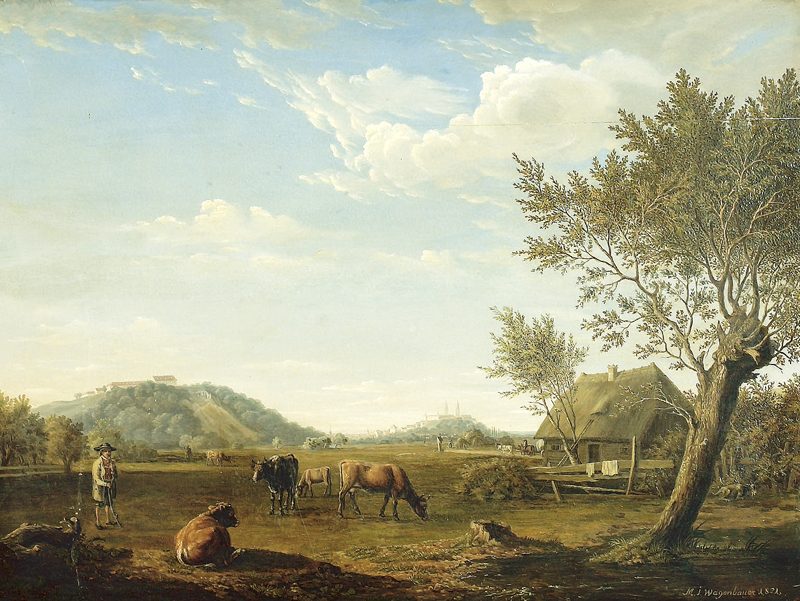 «Bauernhof mit weidenden Kühen, im Hintergrund Blick auf die Stadt Freising» – 1821 – Max Joseph Wagenbauer