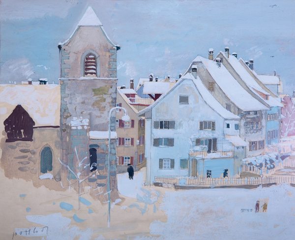 Gloggner Kunstauktionen | «Zuger Altstadt mit Liebfrauenkapelle im Winter» – Hans Potthof