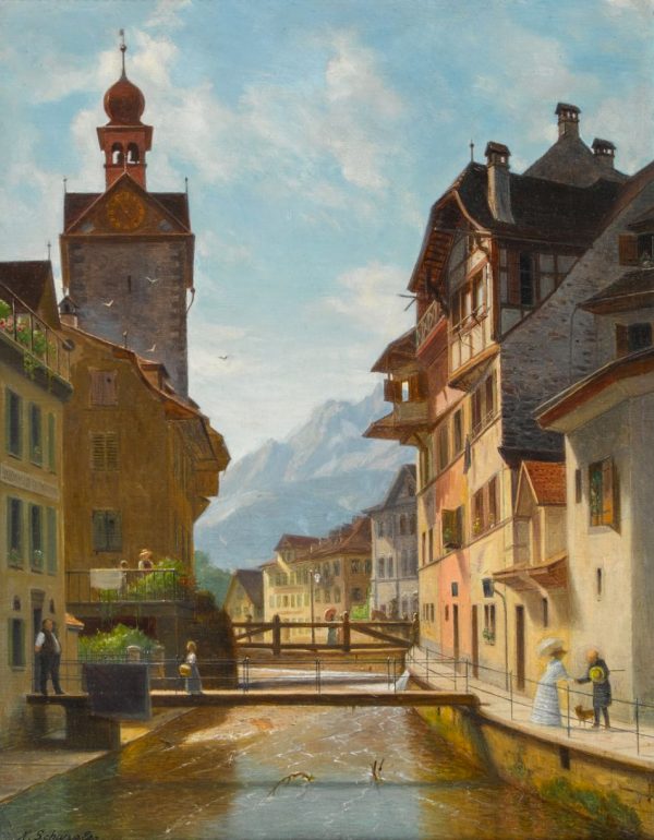 Gloggner Kunstauktionen | «Alt Luzern - Der Krienbach, Burgerstrasse» – Xaver Schwegler