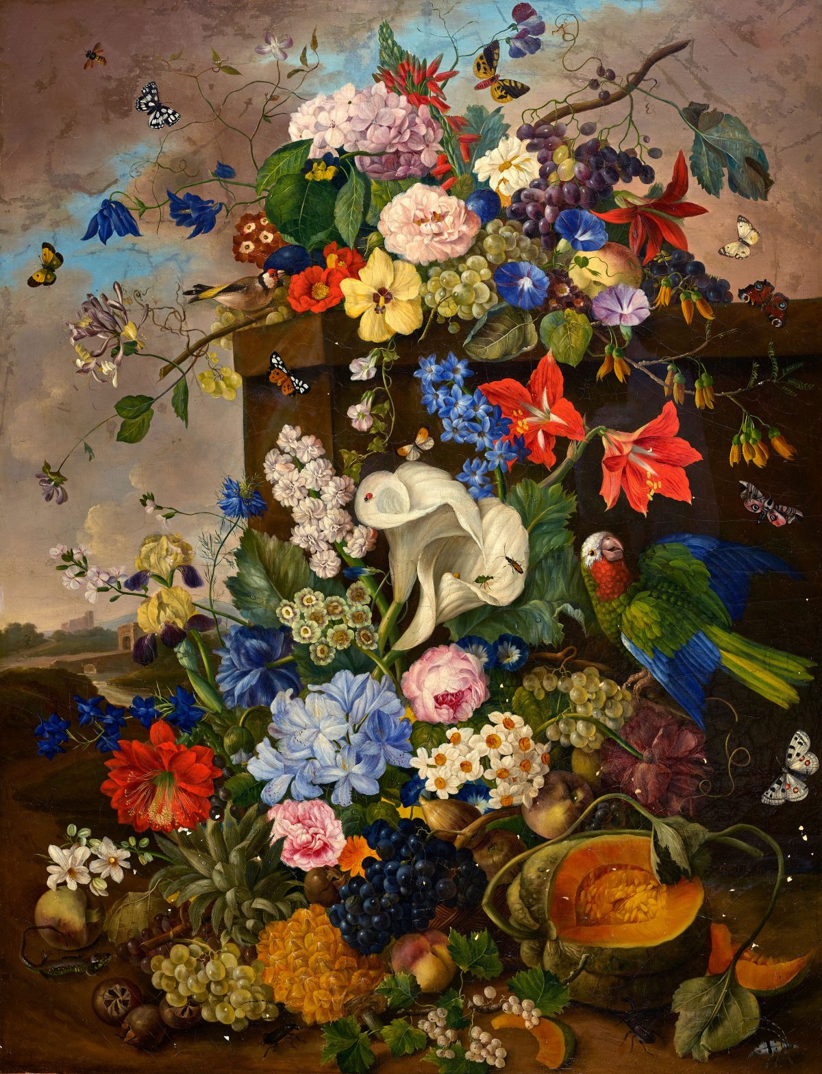 >Gloggner Kunstauktionen | David Bacher «Grosses Blumenstillleben mit Vögeln, Früchten und Insekten» − 1824 
